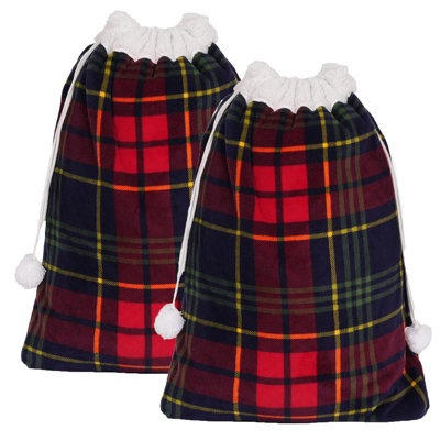 Tartan 2 x Storage Bag Christmas Stocking Present Xmas Gift Drawstring Sack