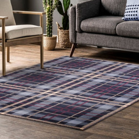 Tartan Blue Chequered Tartan Easy to Clean Rug For Dining Room -120cm X 170cm