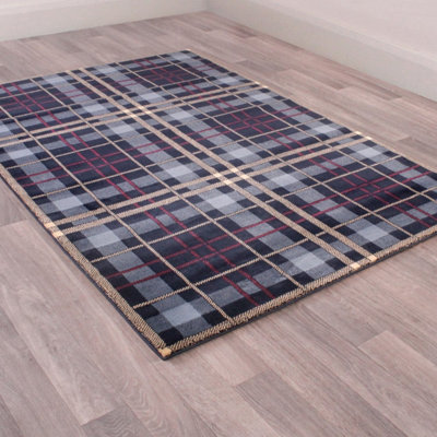 Tartan Blue Chequered Tartan Easy to Clean Rug For Dining Room -200cm X 290cm