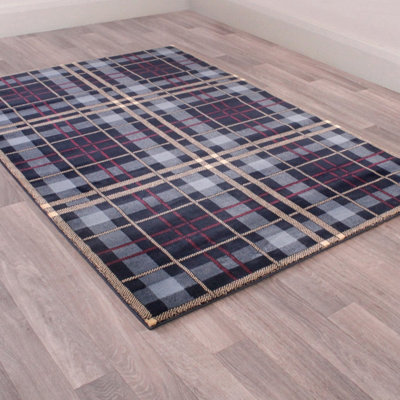 Tartan Blue Chequered Tartan Easy to Clean Rug For Dining Room -80 X 300cm (Runner)
