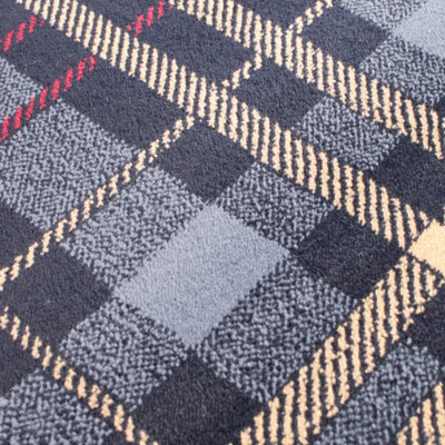 Tartan Blue Chequered Tartan Easy to Clean Rug For Dining Room -80 X 300cm (Runner)
