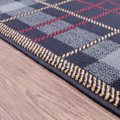 Tartan Blue Chequered Tartan Easy to Clean Rug For Dining Room -80 X 300cm (Runner)