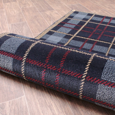 Tartan Blue Chequered Tartan Easy to Clean Rug For Dining Room -80 X 300cm (Runner)