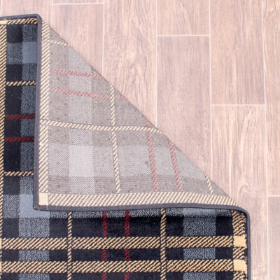 Tartan Blue Chequered Tartan Easy to Clean Rug For Dining Room -80 X 300cm (Runner)