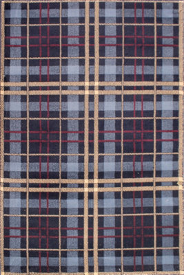 Tartan Blue Chequered Tartan Easy to Clean Rug For Dining Room -80 X 300cm (Runner)