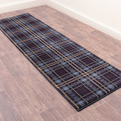 Tartan Blue Chequered Tartan Easy to Clean Rug For Dining Room -80 X 300cm (Runner)