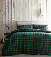 Tartan Brushed Cotton Green Double Duvet Cover and Pillowcases