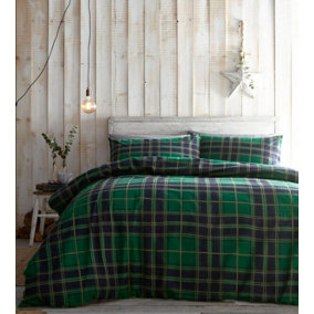 Tartan Brushed Cotton Green King Duvet Cover and Pillowcases