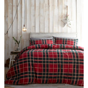 Tartan Brushed Cotton Red Double Duvet Cover and Pillowcases