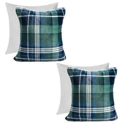 Tartan Check Cushion Covers 2 Pack Filled Flannel Fleece Set, 45 x 45cm - Green