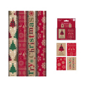 Tartan Christmas Gift Wrapping Paper 4 x 4M Rolls Gift Tag Snowflake Tree Script