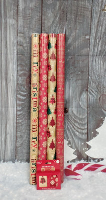 Tartan Christmas Gift Wrapping Paper 4 x 4M Rolls Gift Tag Snowflake Tree Script
