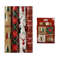 Tartan Christmas Gift Wrapping Paper 4 x 7M Rolls & Gift Tags Tartan Stag Tree