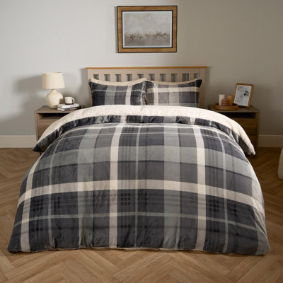 Tartan Fleece Duvet Cover Bedding Check Sherpa Soft Set, Grey - Double