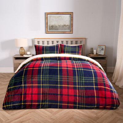 Tartan Fleece Duvet Cover Bedding Check Sherpa Soft Set, Red - Double