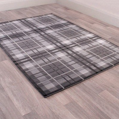 Tartan Grey Chequered Tartan Easy to Clean Rug For Dining Room-200cm X 290cm