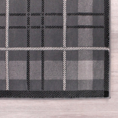 Tartan Grey Chequered Tartan Easy to Clean Rug For Dining Room-200cm X 290cm