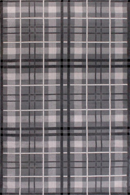 Tartan Grey Chequered Tartan Easy to Clean Rug For Dining Room-200cm X 290cm