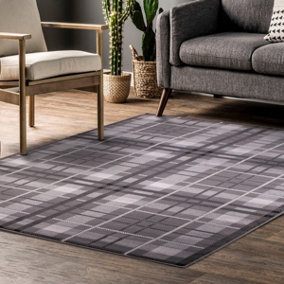 Tartan Grey Chequered Tartan Easy to Clean Rug For Dining Room-80cm X 300cm