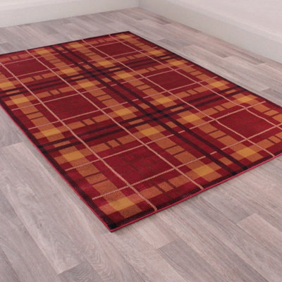 Tartan Red Chequered Tartan Easy to Clean Rug For Dining Room-200cm X 290cm
