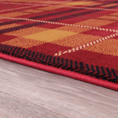 Tartan Red Chequered Tartan Easy to Clean Rug For Dining Room-200cm X 290cm