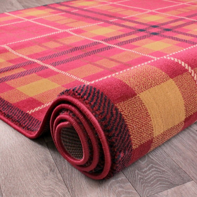 Tartan Red Chequered Tartan Easy to Clean Rug For Dining Room-200cm X 290cm