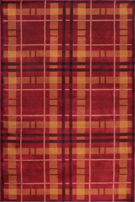 Tartan Red Chequered Tartan Easy to Clean Rug For Dining Room-200cm X 290cm