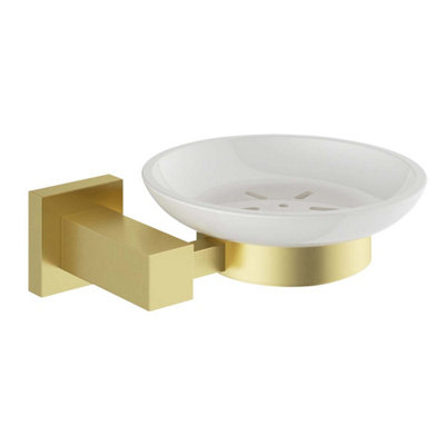 Tate Wall Mounted Bathroom Soap Holder Brushed Gold & Ceramic Dish