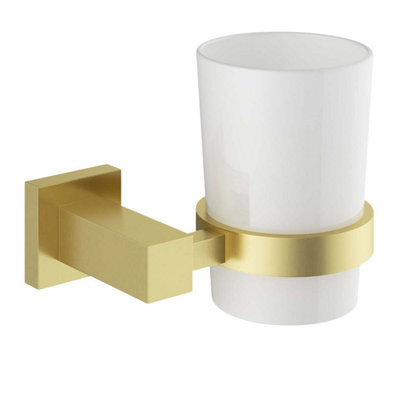 Tate Wall Mounted Brushed Gold Toothbrush Holder with Ceramic Tumbler