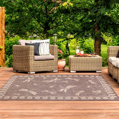 Taupe Dragonfly Garden Patio Rug - Weatherproof, Mould & Mildew Resistant Indoor Outdoor Mat - Rectangular 60 x 120cm