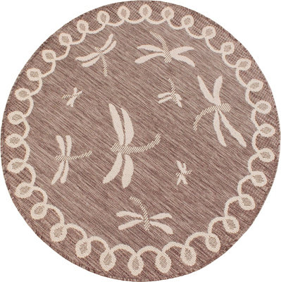 Taupe Dragonfly Garden Patio Rug - Weatherproof, Mould & Mildew Resistant Indoor Outdoor Mat - Round 120cm Diameter