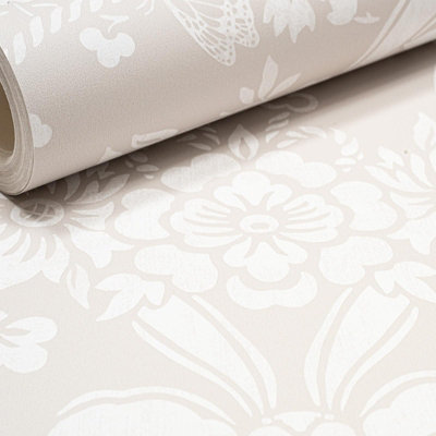 Taupe Floral Wallpaper Damask Butterfly Bows Feature Wall Bedroom Lounge Office