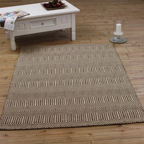 Taupe Geometric Modern Handmade Wool Easy to Clean Rug for Living Room and Bedroom-66 X 200cm (Runner)