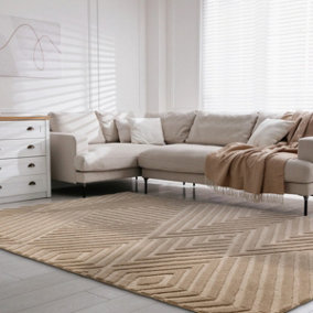 Taupe Handmade Wool Modern Easy to Clean Handmade Geometric Dining Room Bedroom And Living Room Rug-120cm X 170cm