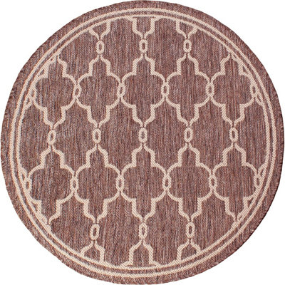 Taupe Spanish Tile Garden Patio Rug - Weatherproof, Mould & Mildew Resistant Indoor Outdoor Mat - Round 120cm Diameter