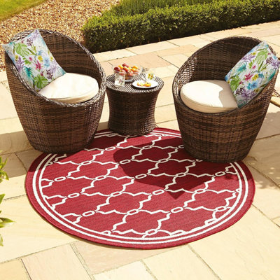 Taupe Spanish Tile Garden Patio Rug - Weatherproof, Mould & Mildew Resistant Indoor Outdoor Mat - Round 120cm Diameter