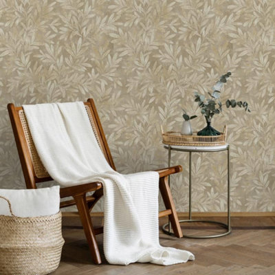 Taupe Willow Trail Floral Metallic Gold Leaf Shimmer Textured Wallpaper
