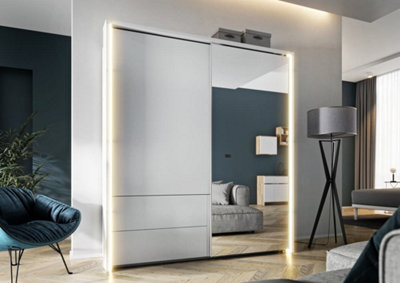 Taya II Elegant Mirrored Sliding Door Wardrobe with LED Lighting - White Matt (H)2190mm (W)2000mm (D)630mm