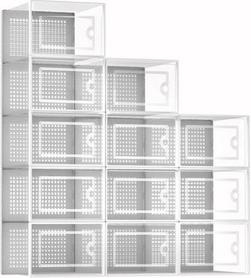 Taylor & Brown 12 Pack Clear Stackable Shoe Storage Boxes, Hard Plastic, DIY Assembly, Durable, SpaceSaving with White Door Frame