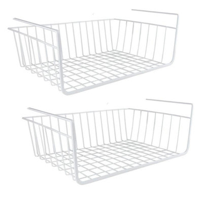 Taylor & Brown 2 Pack White Under Shelf Hanging Wire Storage Baskets, Metal Organizer for Kitchen, Office, Pantry, Cabinet