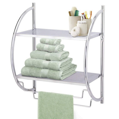 Taylor & Brown 2 Tier Modern Chrome Wall Mounted Curved Bathroom Shelf Shelving Unit with Double Towel Holder Storage Rail Rack