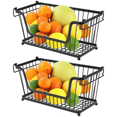 Taylor & Brown 2 x Multi Purpose Stackable Storage Wire Basket Stacking Kitchen Shelves Fruit Vegetable With Handles (Black)