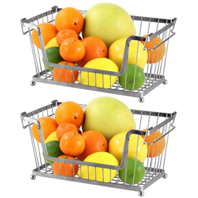 Taylor & Brown 2 x Multi Purpose Stackable Storage Wire Basket Stacking Kitchen Shelves Fruit Vegetable With Handles (Silver)