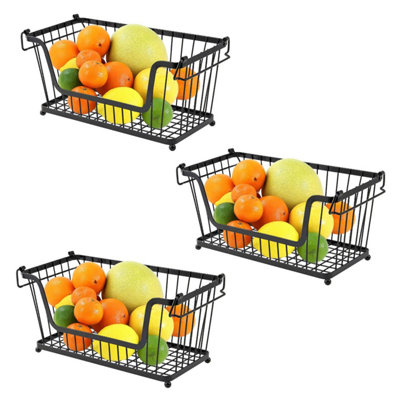 Taylor & Brown 3 x Multi Purpose Stackable Storage Wire Basket Stacking Kitchen Shelves Fruit Vegetable With Handles (Black)