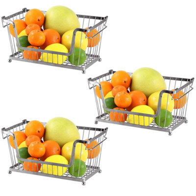 Taylor & Brown 3 x Multi Purpose Stackable Storage Wire Basket Stacking Kitchen Shelves Fruit Vegetable With Handles (Silver)