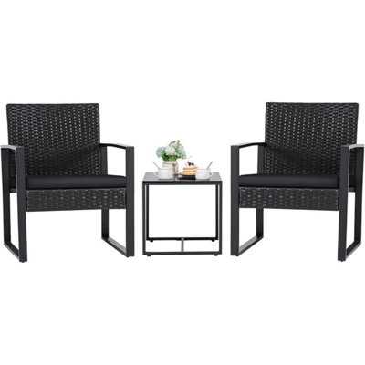 Taylor & Brown 3Piece Bistro Set, Rattan Outdoor Furniture with Cushioned Chairs & Glass Table, Garden/Patio/Poolside (Black)
