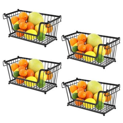 Taylor & Brown 4 x Multi Purpose Stackable Storage Wire Basket Stacking Kitchen Shelves Fruit Vegetable With Handles (Black)