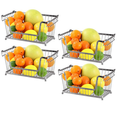 Taylor & Brown 4 x Multi Purpose Stackable Storage Wire Basket Stacking Kitchen Shelves Fruit Vegetable With Handles (Silver)