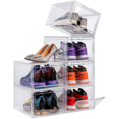 Taylor & Brown 6 Pack Clear Stackable Shoe Storage Boxes  Durable Transparent Plastic Organisers with Magnetic Door