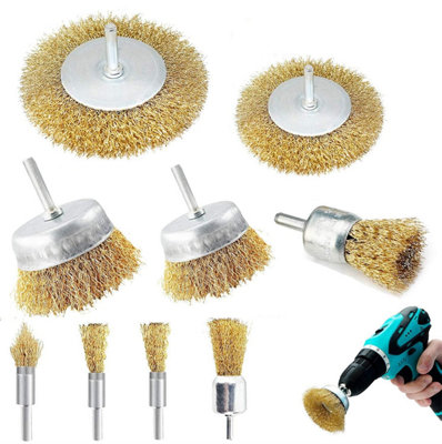 Taylor & Brown 9pc Wire Brush Drill Set, Brass Coated Wheel, Cup & Tube Brushes, 1/4'' Shank for Rust, Paint & Wood Cleaning